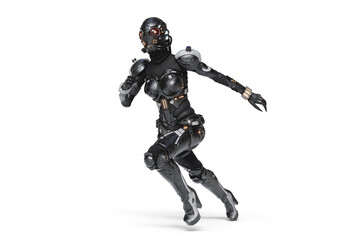 Sci-fi female cyborg wears shiny black grey metallic armor suit, helmet with red glowing lens goggles, high heels in dynamic running pose. Concept art futuristic soldier. 3d render on white background