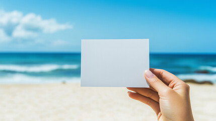 hand holding a blank card on the beach