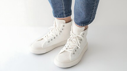 Stylish White High-Top Sneakers on Denim Jeans Against a Bright Neutral Background for Fashion Promotion