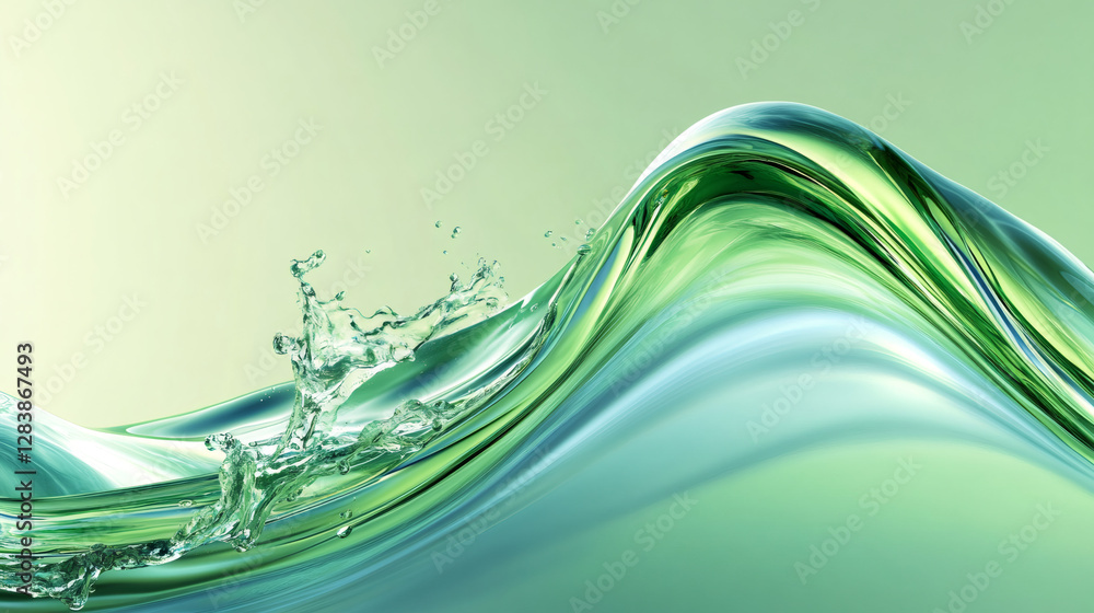 Poster Abstract green wave splashing and making droplets on gradient background, ideal for websites, presentations and marketing campaigns