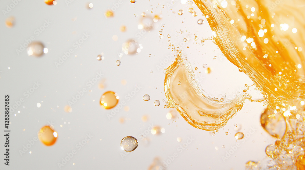 Poster golden liquid in motion: capturing the dynamic dance of golden liquid and bubbles, this image offers