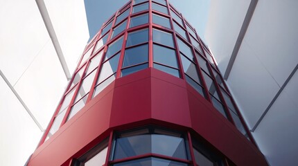 Modern Red Glass Building with Geometric Architecture and Reflective Windows