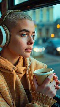 Young woman, student with short haircut and lip piercing, is riding on bus with coffee in her hands and listening to music on her headphones.
