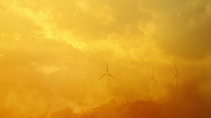 Wind farm generating clean energy during a misty golden sunset, promoting sustainable practices and environmental conservation