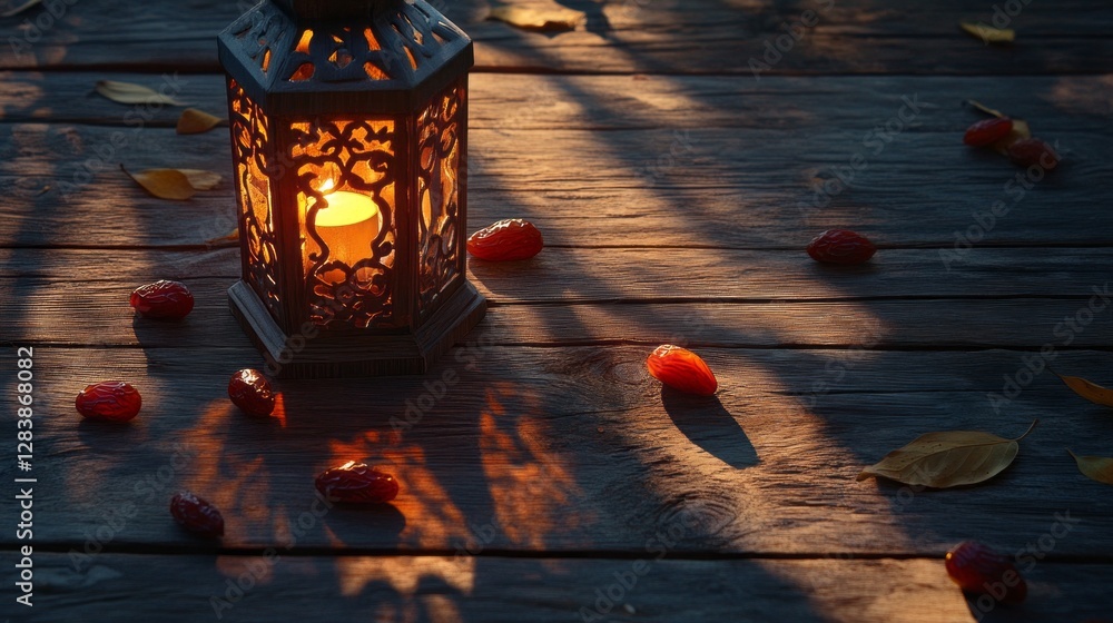 Poster a beautifully crafted lantern illuminates a weathered wooden table as its warm glow casts intricate 