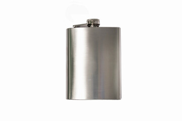 metal flask in a vertical position on a white background. Made of stainless steel, it has a smooth surface and an ergonomic shape. The minimalist design makes it an ideal choice for tourists, 