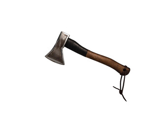 An axe on a white background. The tool has a sturdy metal blade and a comfortable handle that...