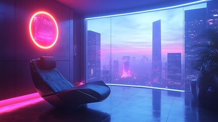 Naklejka premium A sleek futuristic living room with a geometric lounge chair and a glass window featuring a holographic cityscape, ambient neon blue and purple lighting, minimalist metallic furniture,