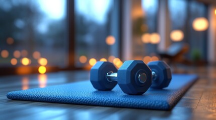 Home Gym Dumbbells on Yoga Mat, Evening Sunlight