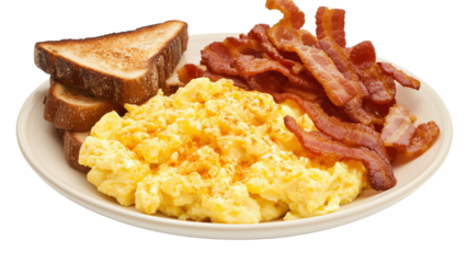 A plate of fluffy scrambled eggs with crispy bacon and buttered toast 