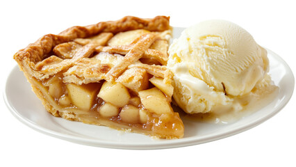 A warm apple pie slice with a scoop of vanilla ice cream melting on top 