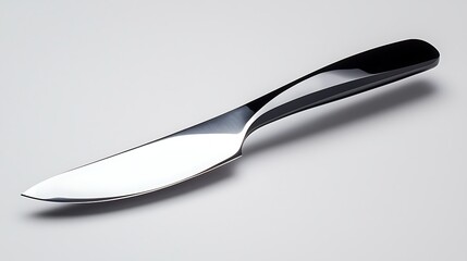 Elegant stainless steel butter knife with sleek design on a light gray background for kitchen use