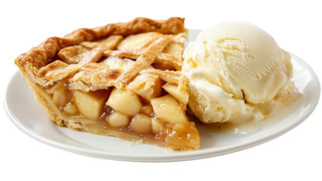 A warm apple pie slice with a scoop of vanilla ice cream melting on top 
