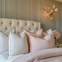 Bedroom in luxury hotel with bed and pink pillows 