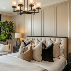 Bedroom in luxury hotel with bed and pink pillows 
