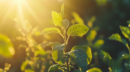 Obraz premium Green leaves gleaming with golden sunlight, highlighting lush foliage and natural radiance