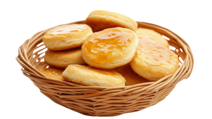 A basket of golden-brown biscuits with honey butter