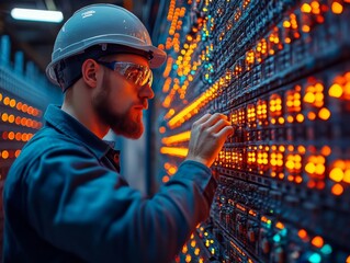Data Center Technician Inspecting Server Racks: A Focused Engineer in Safety Gear Maintaining High-Tech Infrastructure with Bright Server Lights.