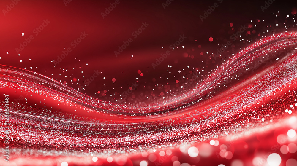 Poster red wave of elegance: a flowing, elegant red wave with sparkling particles dances across the image, 