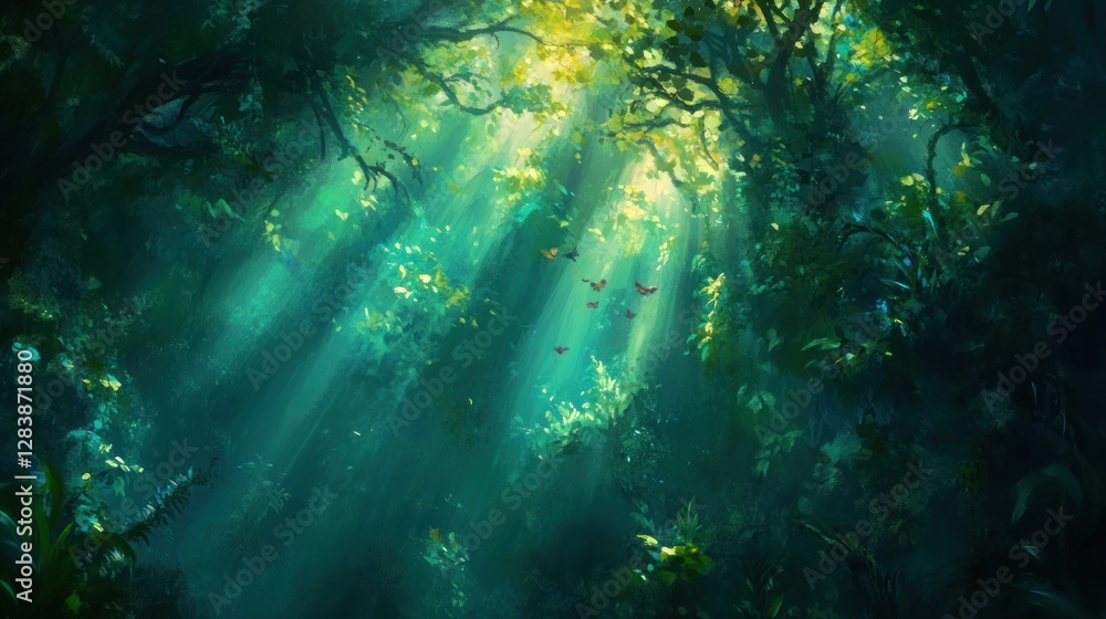 Poster a serene forest scene illuminated by sunlight filtering through the trees.