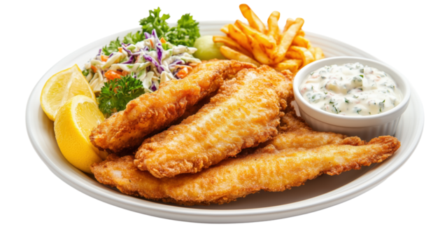  A plate of fried catfish with tartar sauce and coleslaw