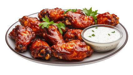 A plate of barbecue chicken wings with a side of ranch