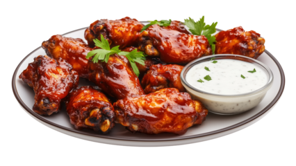 A plate of barbecue chicken wings with a side of ranch