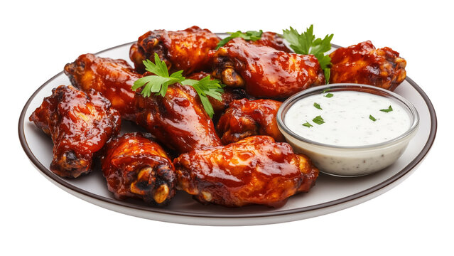 A plate of barbecue chicken wings with a side of ranch