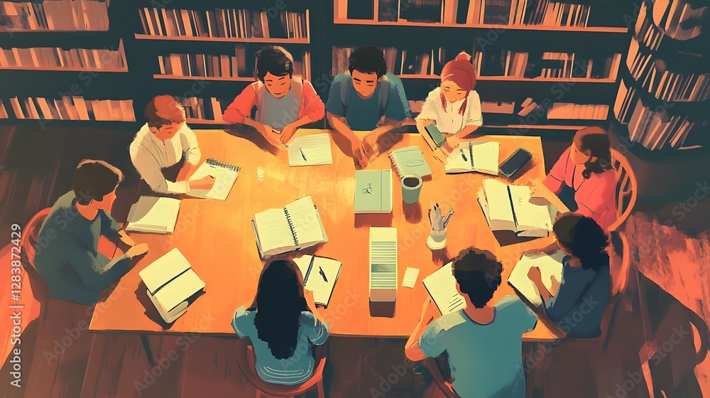 Poster creative team brainstorming session, diverse group collaborating on ideas around a table in a vibran