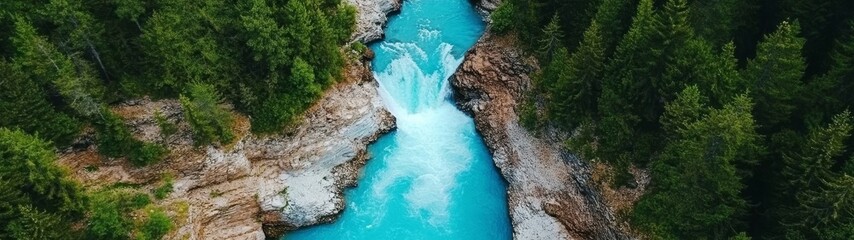 Aerial View of Turquoise River Flowing Through Lush Green Forest