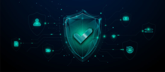 Cybersecurity Digital Shield with Secure Network Icons © pickup