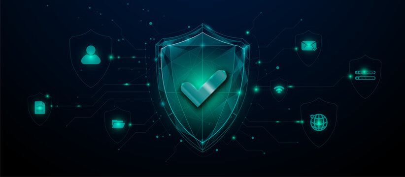 Cybersecurity Digital Shield with Secure Network Icons