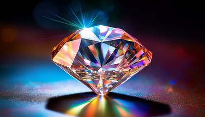 Macro shot of a diamond reflecting a spectrum of light, with its facets shining brilliantly, showcasing its sparkle and intricate cuts.