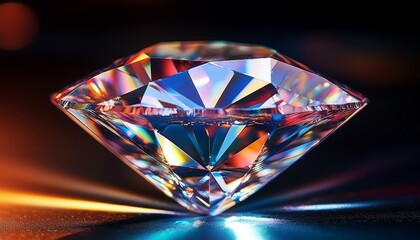 Macro shot of a diamond reflecting a spectrum of light, with its facets shining brilliantly, showcasing its sparkle and intricate cuts.