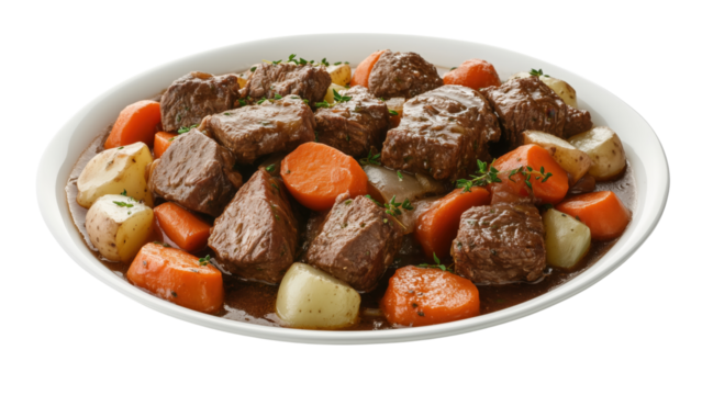 A serving of tender pot roast with carrots, potatoes, and onions