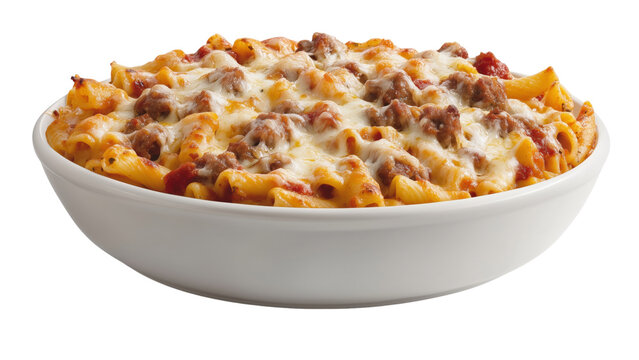 A bowl of loaded baked ziti with melted cheese and spicy sausage 