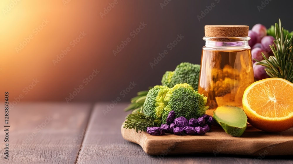 Poster bottle of oil placed next to fresh broccoli and holistic support program materials on a table