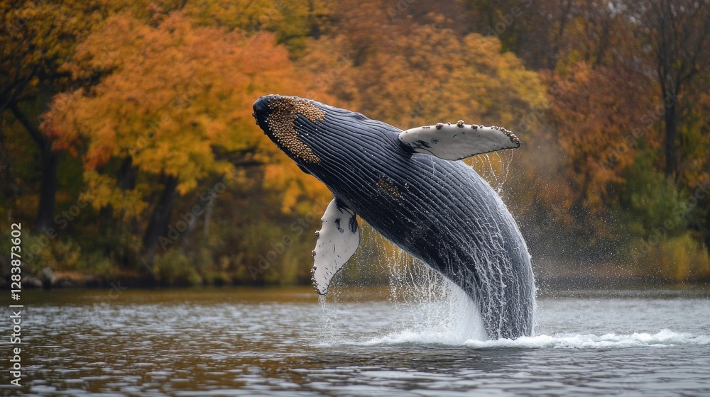 Poster a majestic blue fin whale breaks through the water, sending droplets flying as it creates a stunning