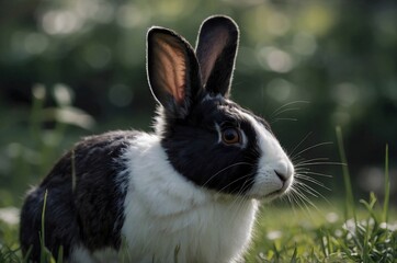 Fototapeta premium The rabbit is black and white with long ears.