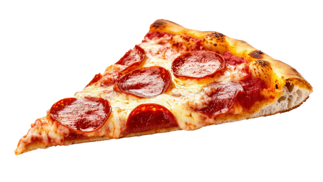 A slice of classic pepperoni pizza with gooey cheese and a crispy crust 
