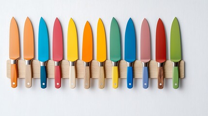 Naklejka premium Colorful Kitchen Knives Displayed in a Row with Wooden Knife Rack on White Background for Culinary Use