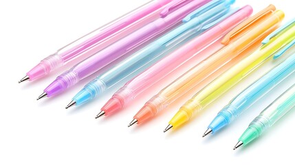 Fototapeta premium Colorful Gel Pens in Row on White Background with Creative Art Supplies for Writing and Drawing Activities
