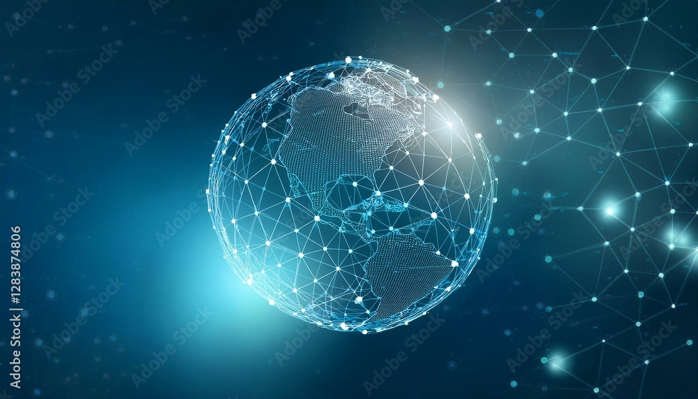 Poster Global network. Polygonal mesh with bokeh effect. Generated image