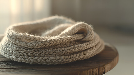 Close-up of a chunky knit scarf coiled on a rustic wooden surface, showcasing a cozy and textured design.