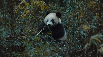 Obraz premium Panda eating bamboo, lush forest, China, wildlife
