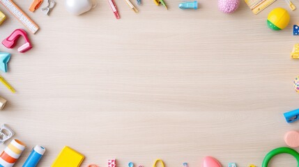 colorful school supplies frame on wooden background