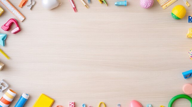 colorful school supplies frame on wooden background