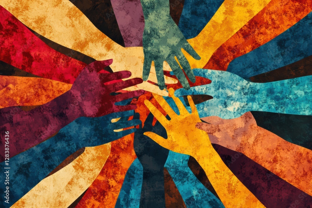 Poster symbolic illustration of united hands in diverse skin tones representing support and connection amon