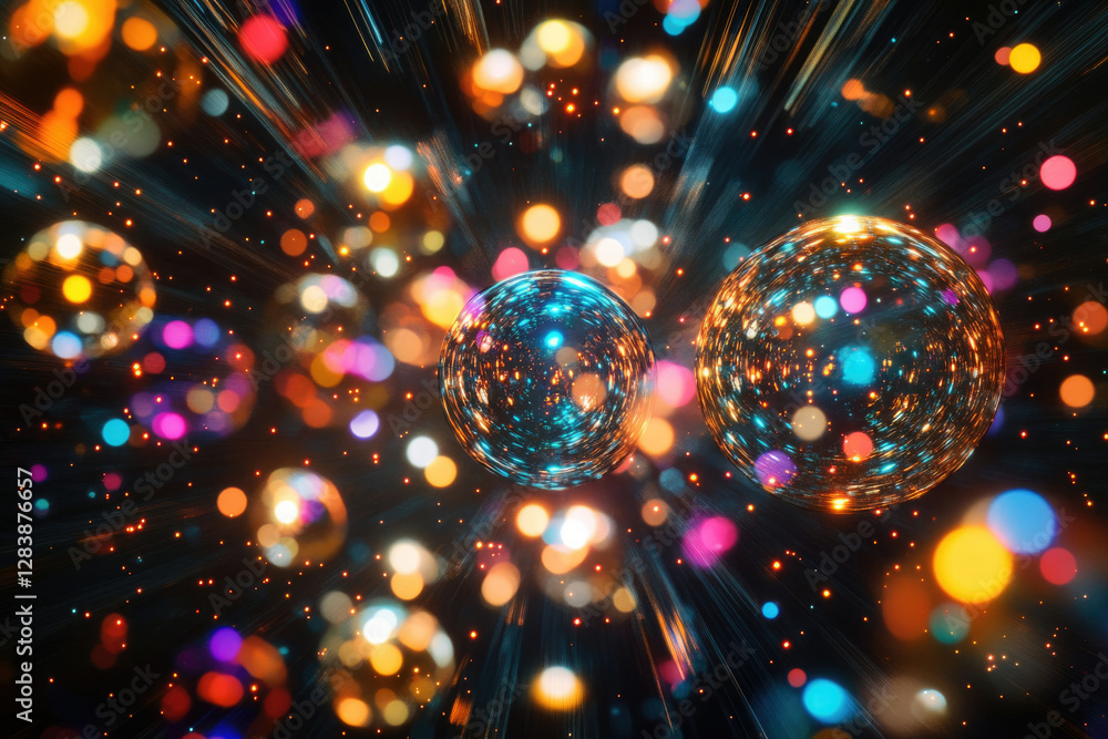 Poster two glowing orbs amidst a vibrant burst of colorful lights and bokeh, creating a dazzling, dynamic s