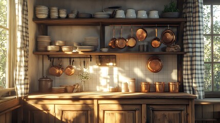 A cozy farmhouse kitchen with aged wooden cabinets, open shelving filled with ceramic plates, copper pots hanging from a rustic rack, and soft golden sunlight streaming through checkered curtains.